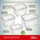 Kit C/4 Caixas Organizadoras 12/20/30/56 Litros Transparente