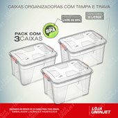 Kit Com 3 Caixas Organizadoras Transparente 12 Litros