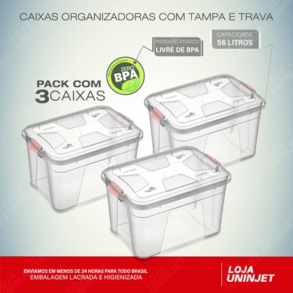 Kit com 3 Caixas Organizadoras Transparente com Tampa e Travas 56 Litros