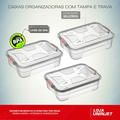 Kit com 3 Caixas Organizadoras Transparente com Tampas e Travas 28 Litros