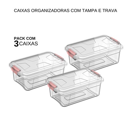 Kit com 3 Caixas Organizadoras Transparente com Tampa e Travas 56 Litros -  Uninjet
