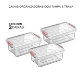 Kit com 3 Caixas Organizadoras Transparente com Tampas e Travas 3 Litros