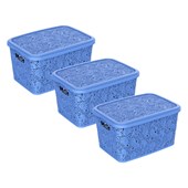 Kit com 3 Caixas Organizadoras Uninjet Renda Floral Azul 17 Litros