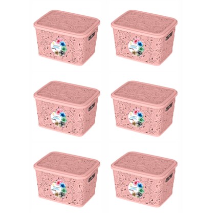 Kit com 6 Caixas Organizadora Uninjet Renda Floral Rosa 5,5 Litros