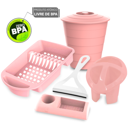 Kit Cozinha 4 Peças Rosa + Rodinho De Pia