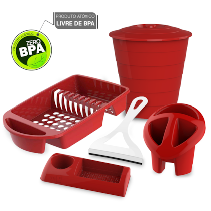 Kit Cozinha 4 Peças Vermelho + Rodinho De Pia