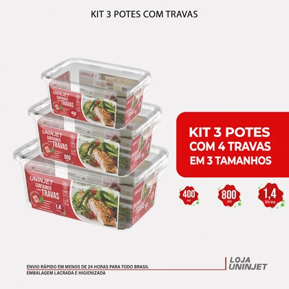 Kit Marmitas Fitness 400/800/1400ml Para Freezer Potes Plásticos com Trava