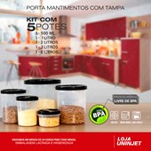 Kit Porta Mantimentos 5 Peças Com Tampa Preta de Rosca
